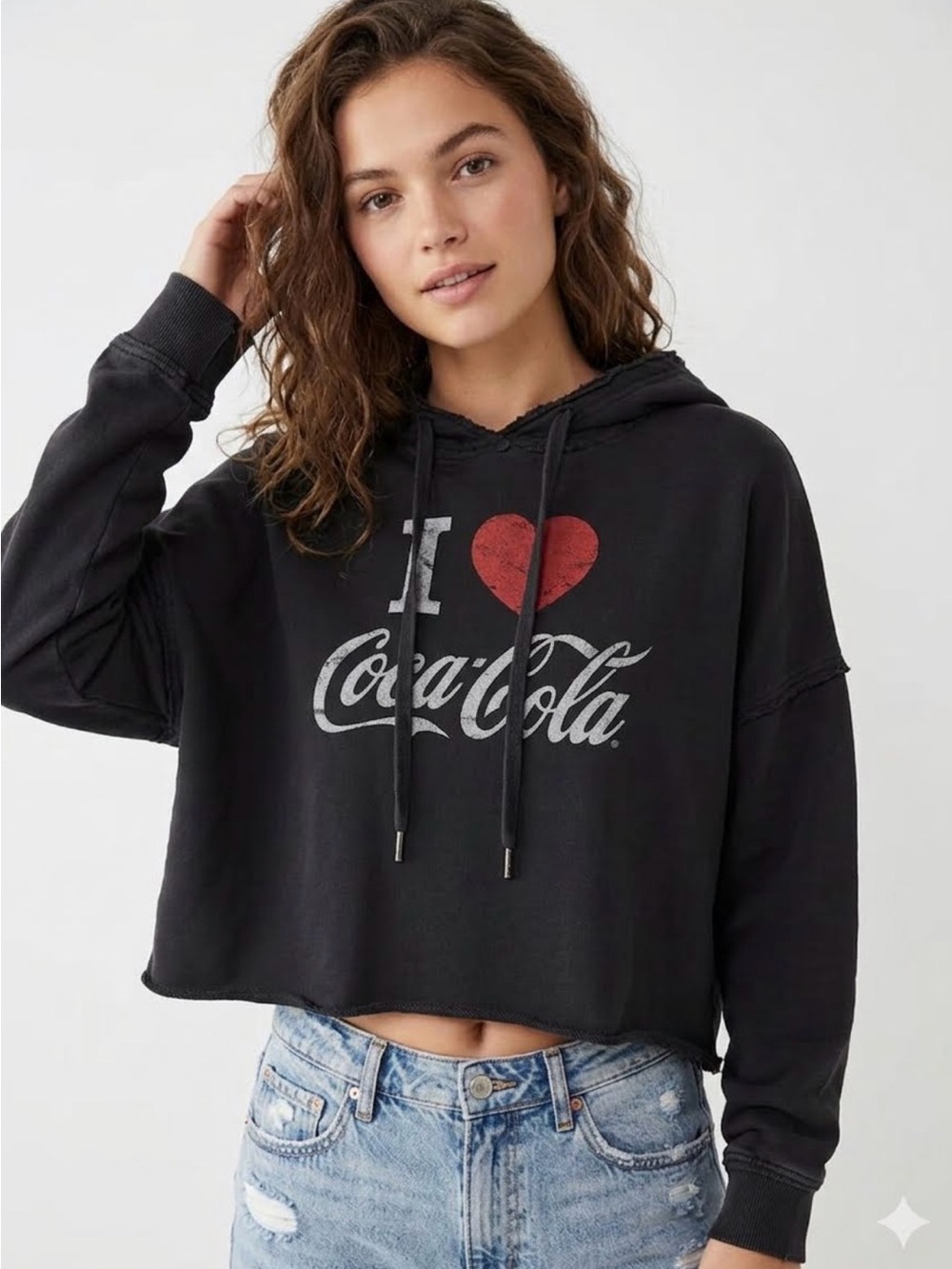 Forever 21 x Coca-Cola Black Cropped Hoodie with Red Heart Graphic